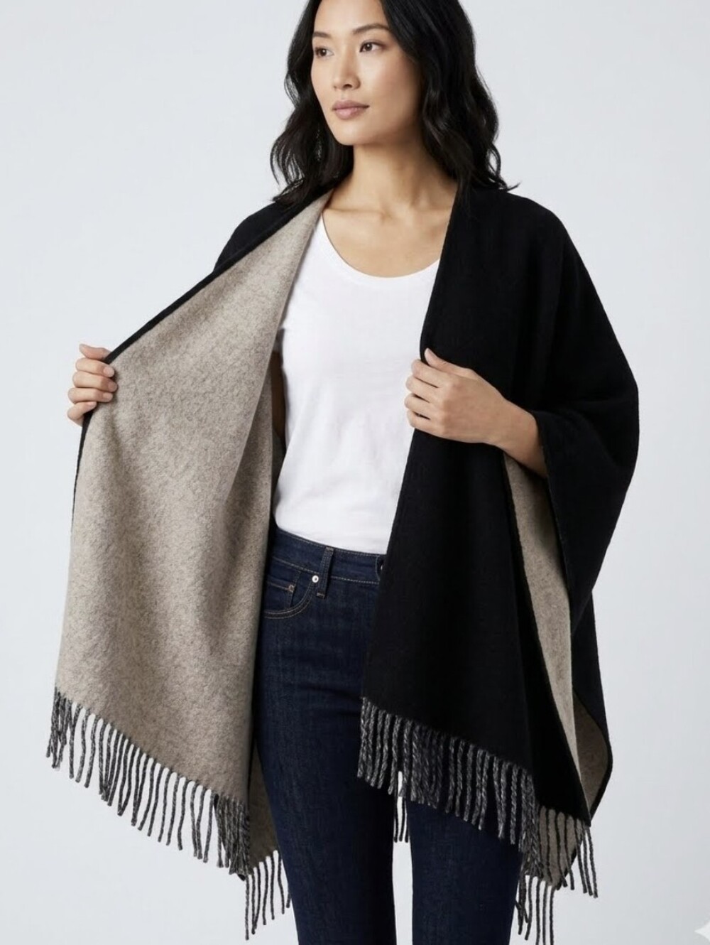 The Kooples Reversible Wool Fringe Poncho Cape OS